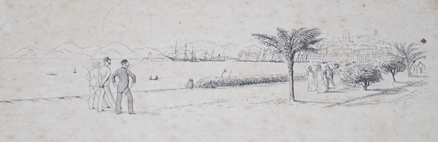 Randolph Caldecott (1846-1886), pen and ink, Figures promenading along the Cote d'Azur, initialled, 10 x 23cm